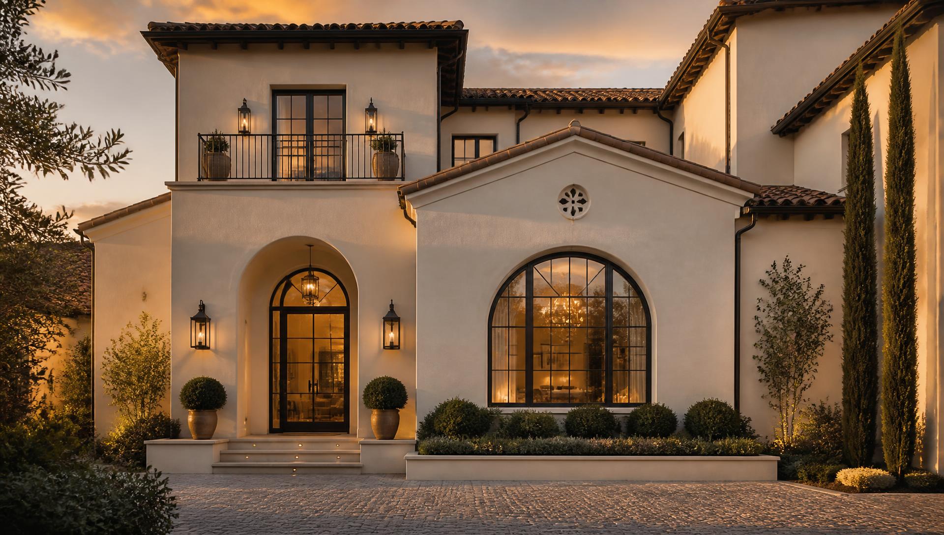 Refined stucco home exterior with warm evening light