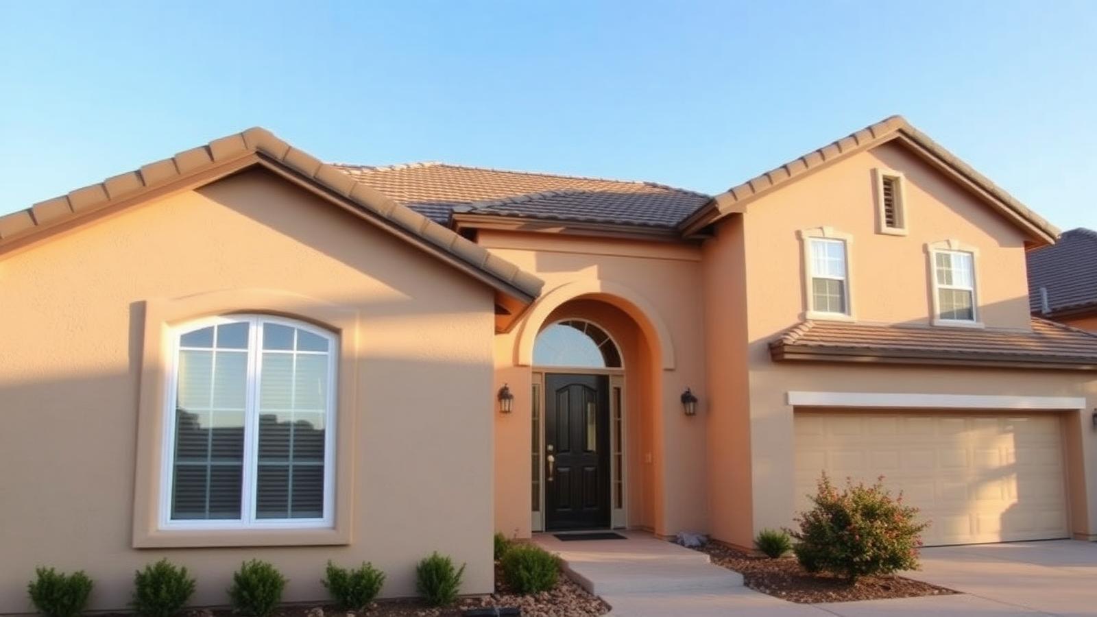Home with a completed tan stucco exterior