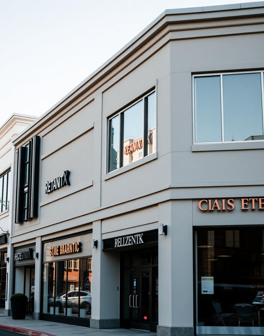 Commercial building with a grey stucco exterior finish