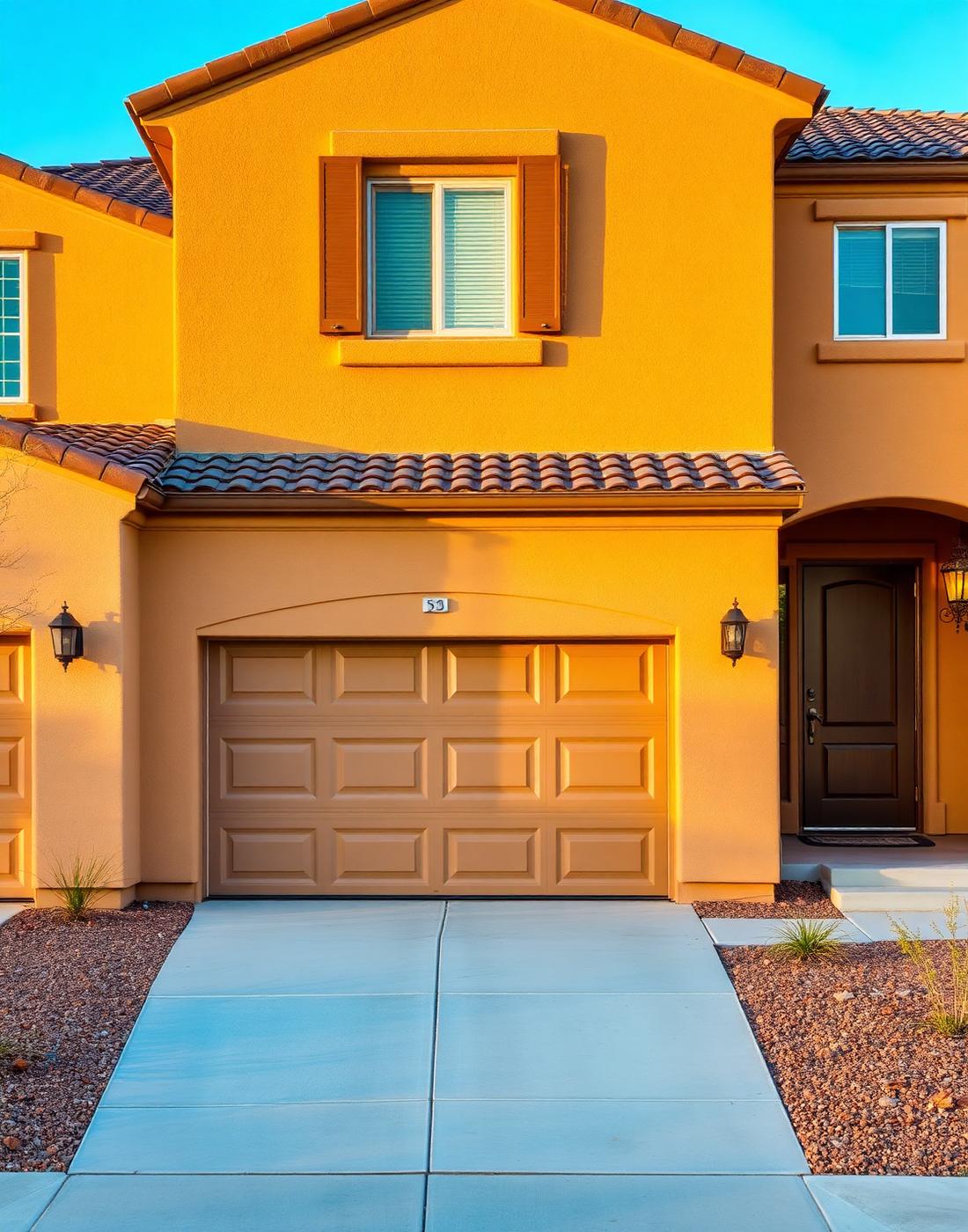 Residential stucco home exterior in warm afternoon light